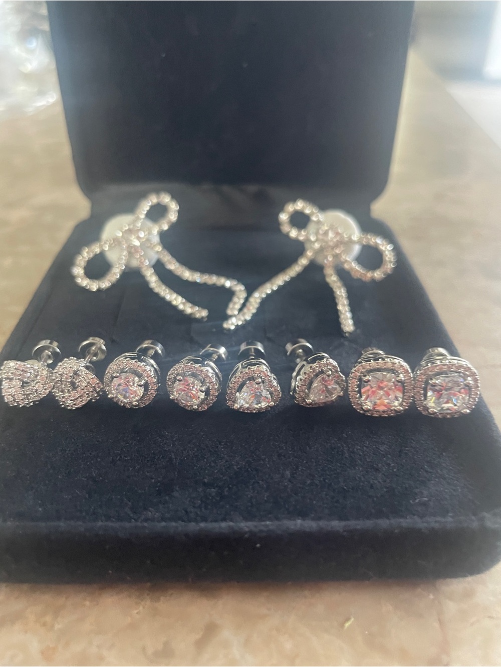 Lot of 5 Elegant Silver-Tone Cubic Zirconia Stud and Dangle Earring Set - Clear